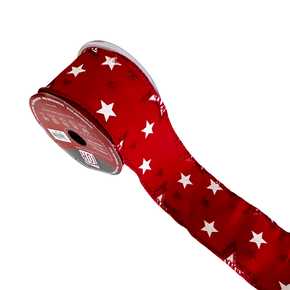 Fita Decorativa Aramada Estrelas Natal Vermelho Branco 6,3cm X 9,14m
