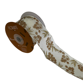 Fita Aramada Linho Natal Glitter Costura Branco Rose 6,3cm x 9,14m