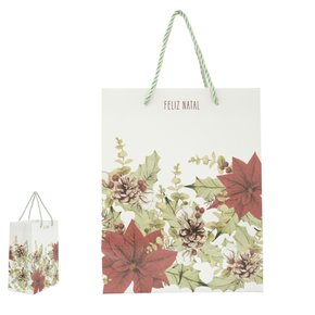 Sacola de Papel Natalina com Estampa de Pinha Vermelha e Verde 23x18cm