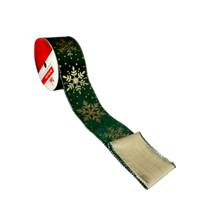 Fita Natalina Veludo Verde Dupla Face Flocos de Neve Dourados