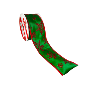 Fita Natalina de Cetim Verde com Flocos de Neve Glitter Vermelho